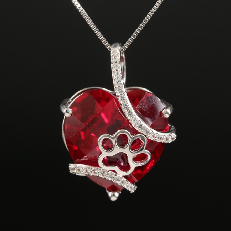 Sterling Ruby and Sapphire Heart and Dog Print Pendant Necklace