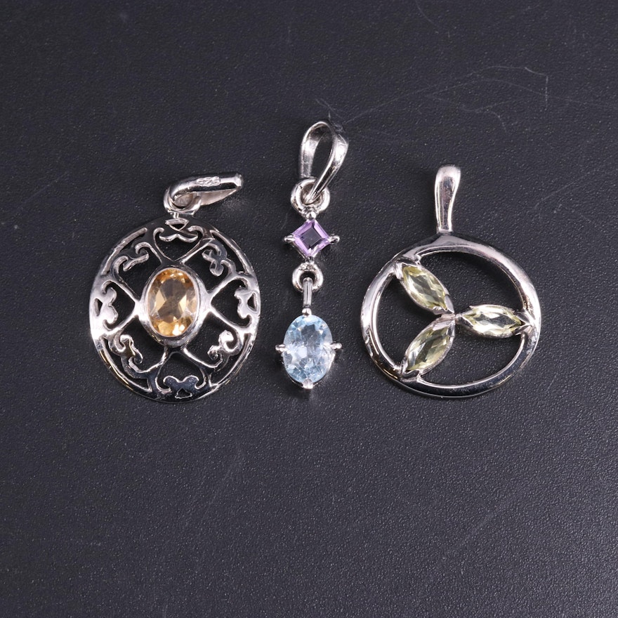 Sterling Silver Pendant Collection Including Topaz, Quartz, and Citrine