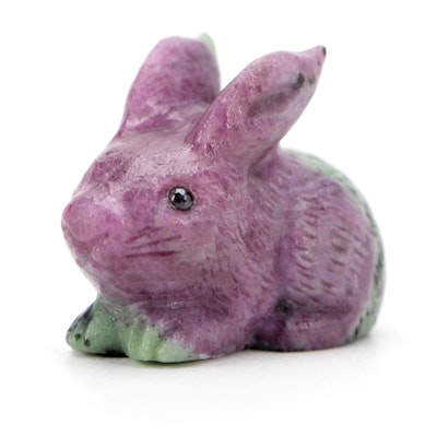 Carved Ruby-in-Zoisite Rabbit with Sapphire Inlaid Eyes