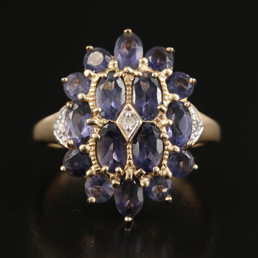 10K Iolite and Diamond Cluster Ring