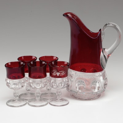 Indiana Glass and Other Kings Crown Ruby Flashed Pitcher and Goblets