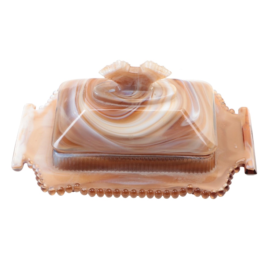 Imperial Caramel Slag Glass Covered Candy Box, Mid-20th Century