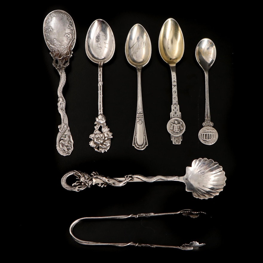 Chinese Sterling Silver Dragon Spoons with Other Silver Spoons and Sugar Tongs