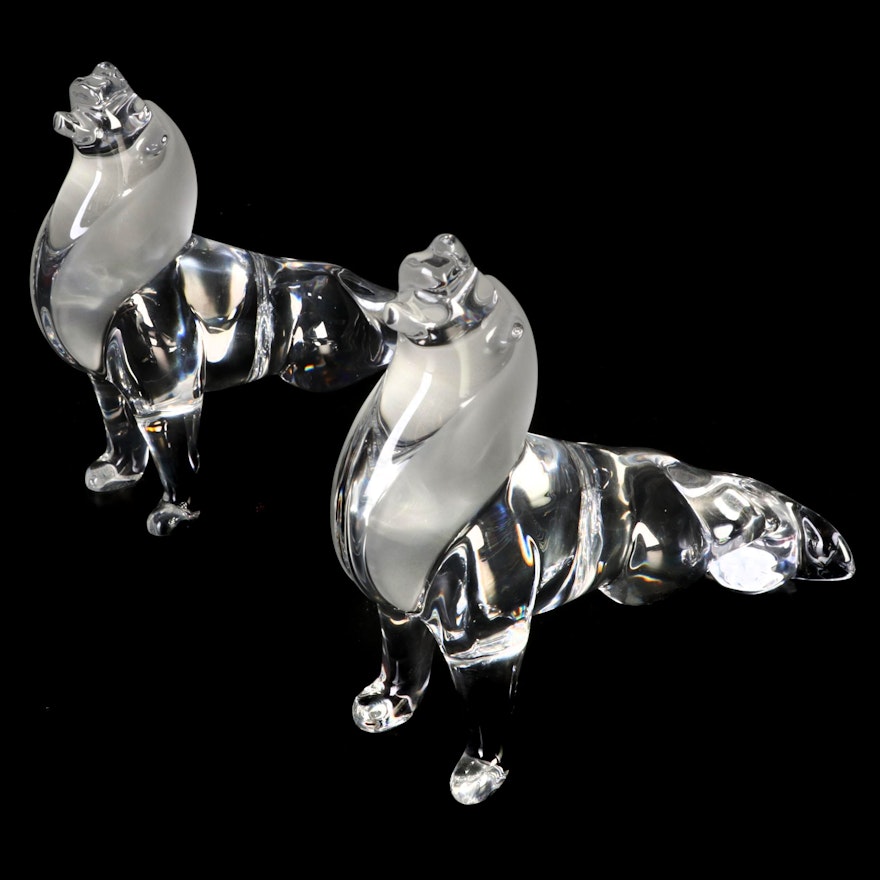 Baccarat Roaring Lion Frosted and Clear Crystal Figurines
