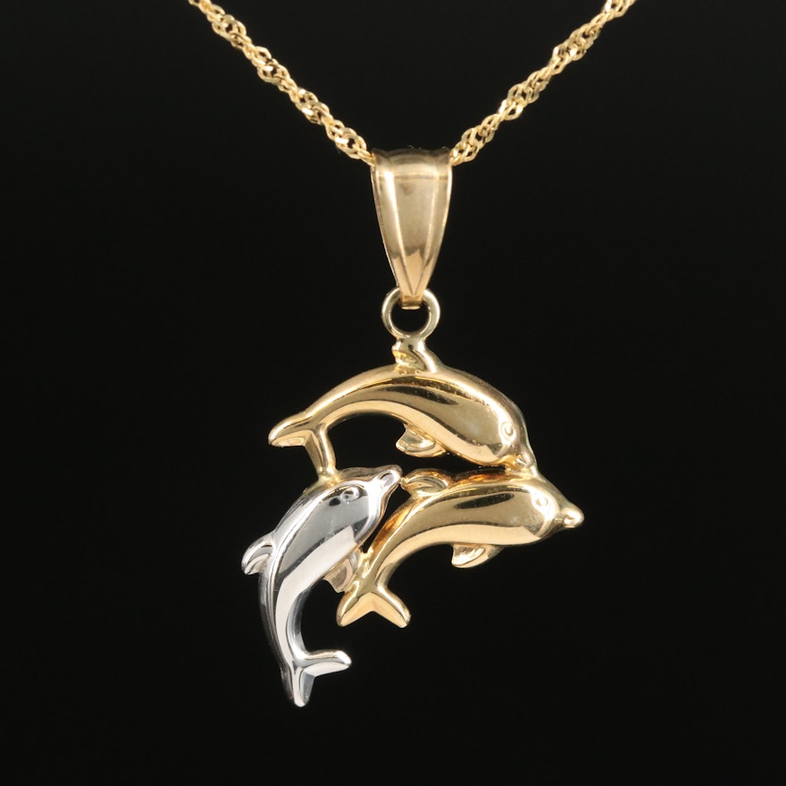 14K Swimming Dolphins Pendant Necklace
