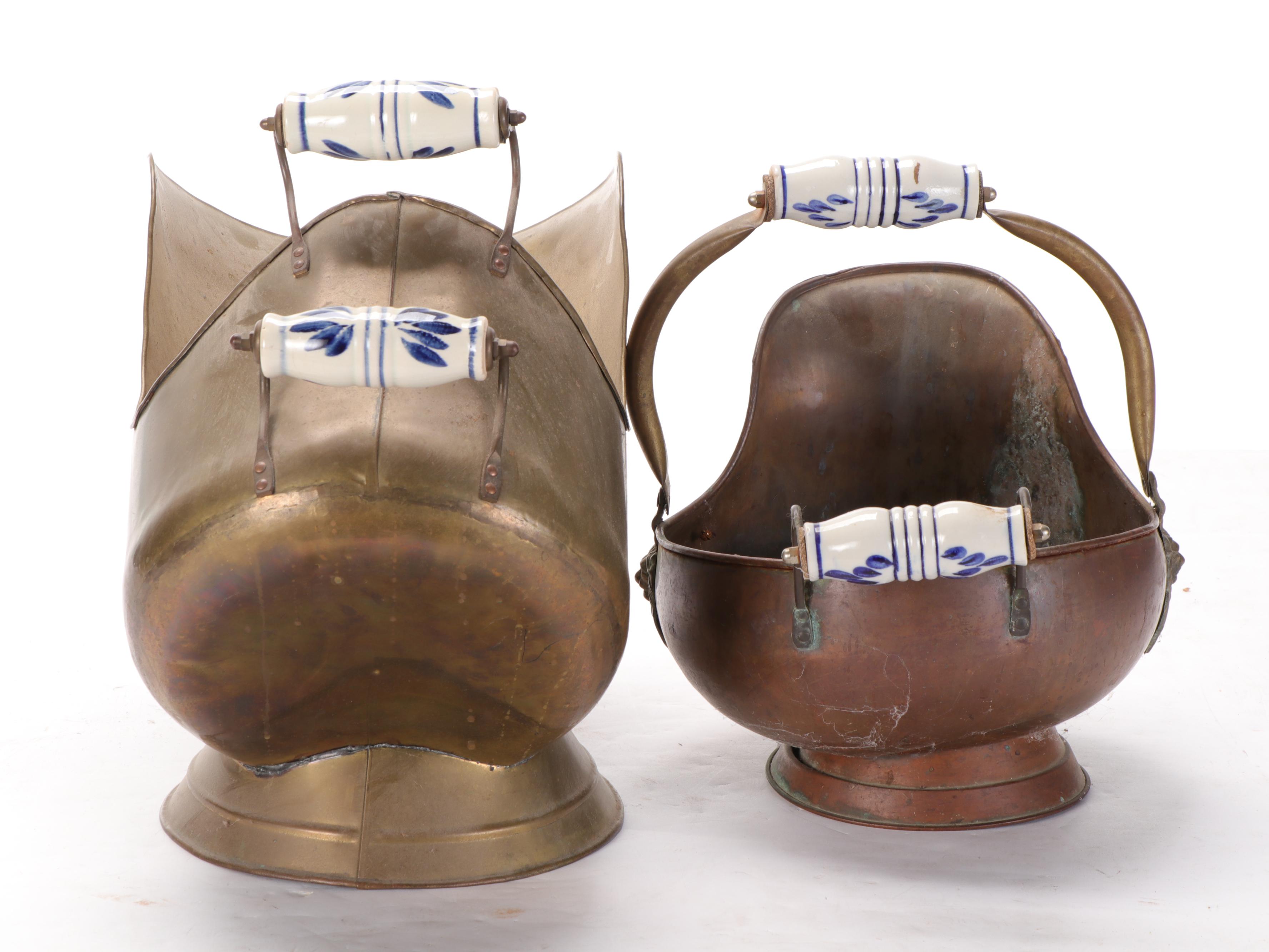 Brass and Copper Coal Scuttles with Delft Style Handles EBTH