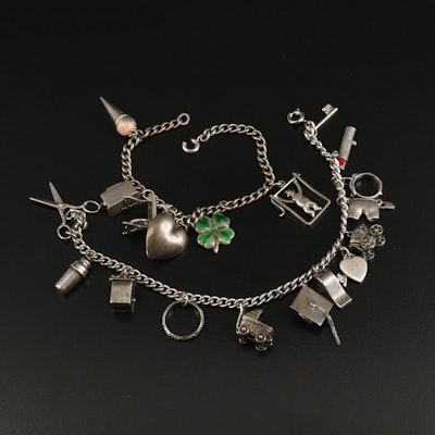 Sterling and 10K Charm Bracelets with Whistle and Four Leaf Clover Charms