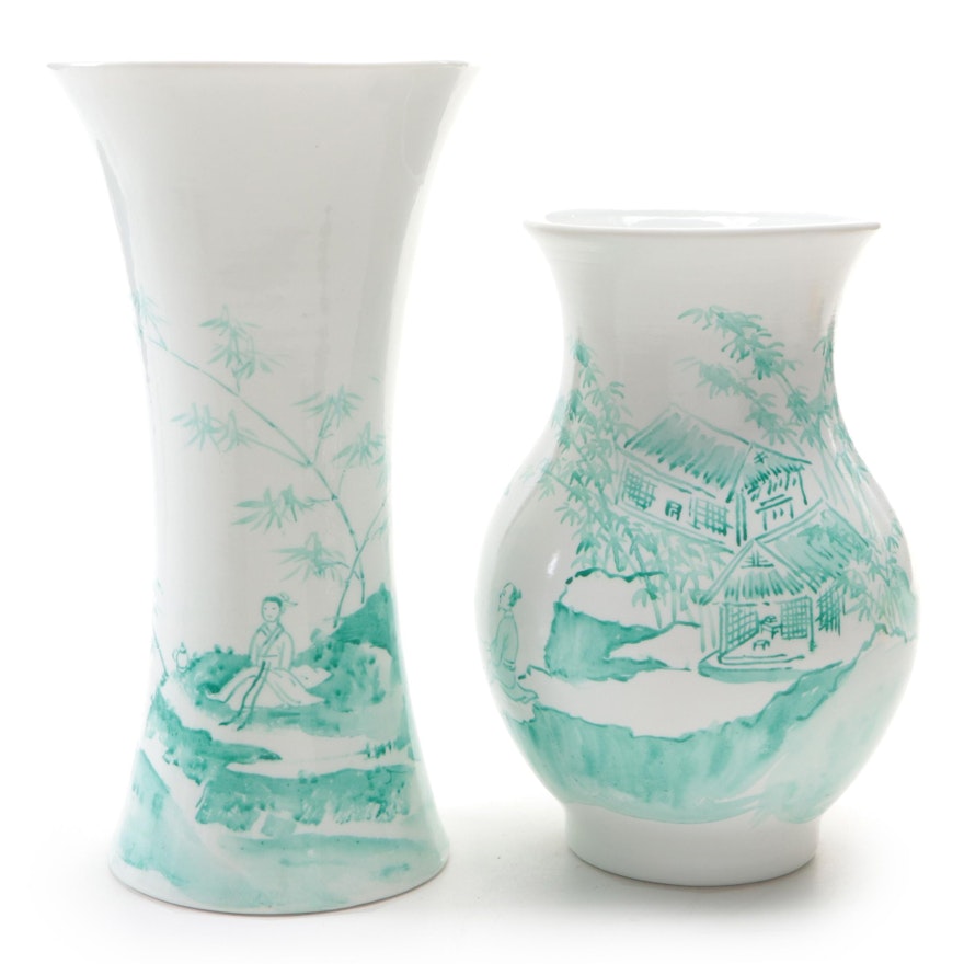Chinese Hand-Painted Green and White Porcelain Vases