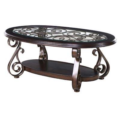 Oval Coffee Table with Scrolled Metal and Inset Glass