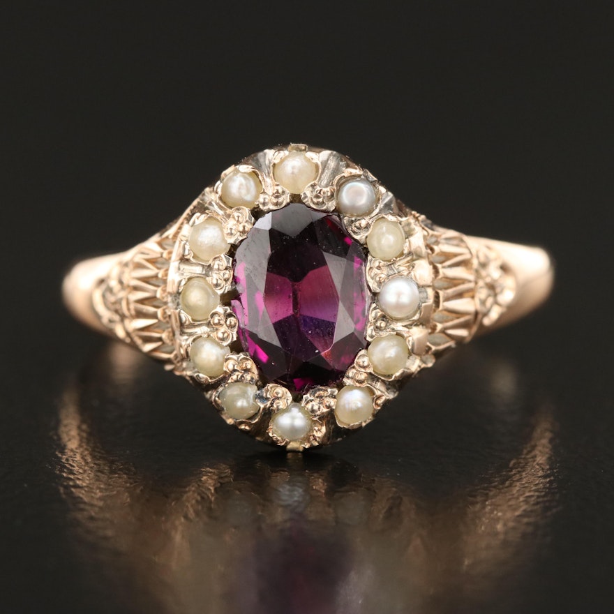 10K Garnet and Seed Pearl Halo Ring