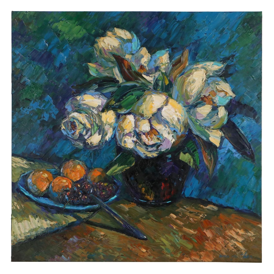 Wen Ze Chen Floral Still Life Oil Painting "Blue Paper," 1995