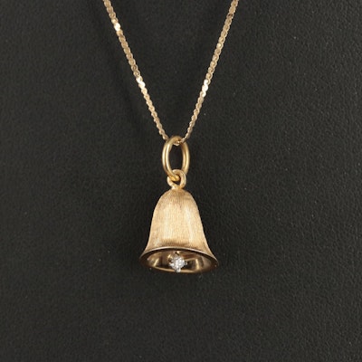 Vintage 14K 0.02 CT Diamond Articulated Clapper Bell Pendant Necklace