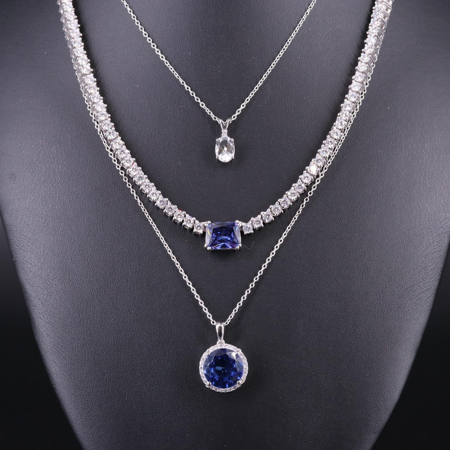 Sterling Silver Necklace Trio Including Sapphire and White Topaz
