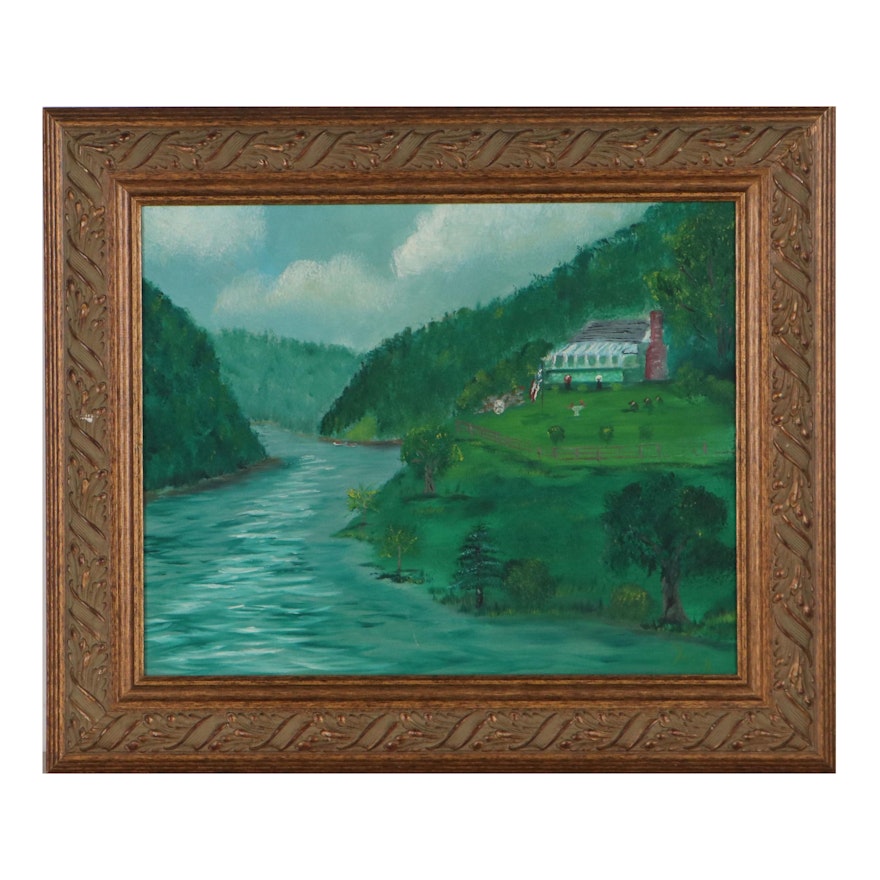Folk Art Riverscape Oil Painting