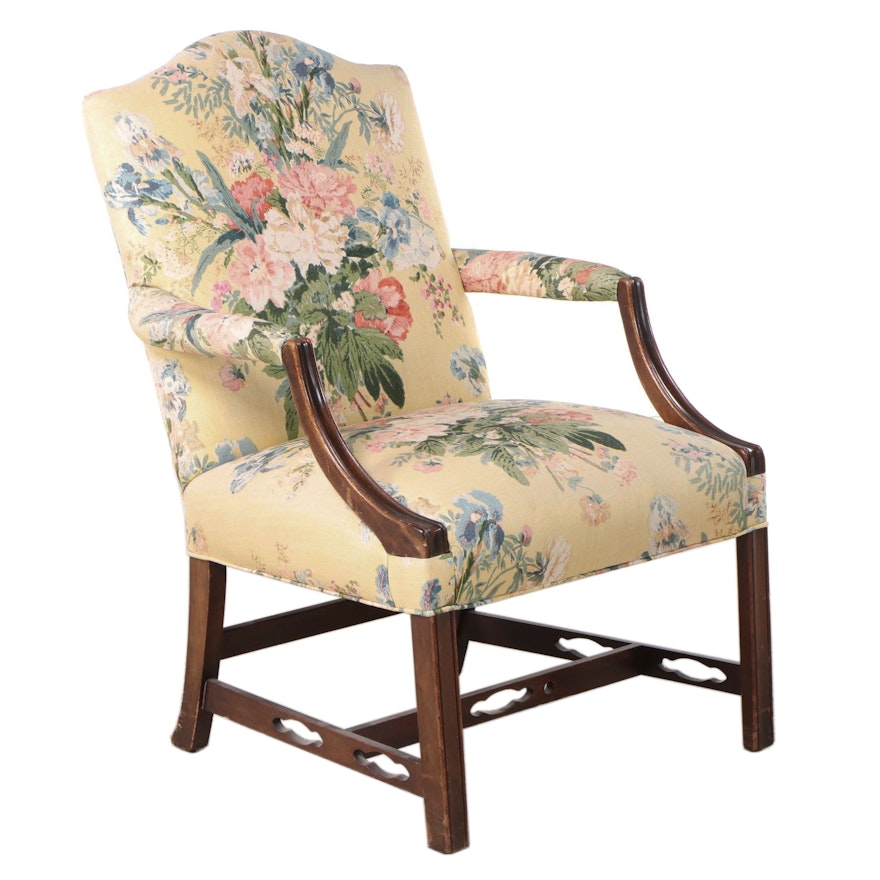 Chippendale Style Mahogany and Floral-Upholstered Lolling Chair, 20th Century