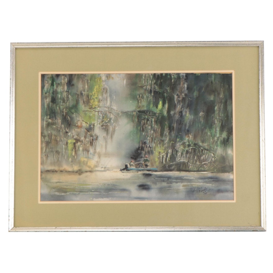 Phyllis Fonde Hill Swamp Scene With Fishermen Watercolor Painting