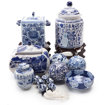 Chinese Blue and White Lidded Jars with Other Ceramic Décor