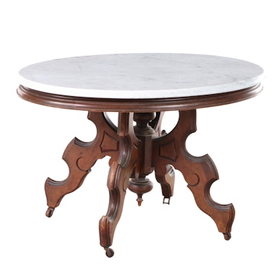 Victorian Walnut and White Marble Coffee Table, Late 19th Century and Adapted