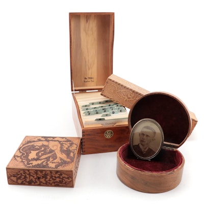 Globe Wernicke File Box with Other Carved Wood Boxes and Photograph