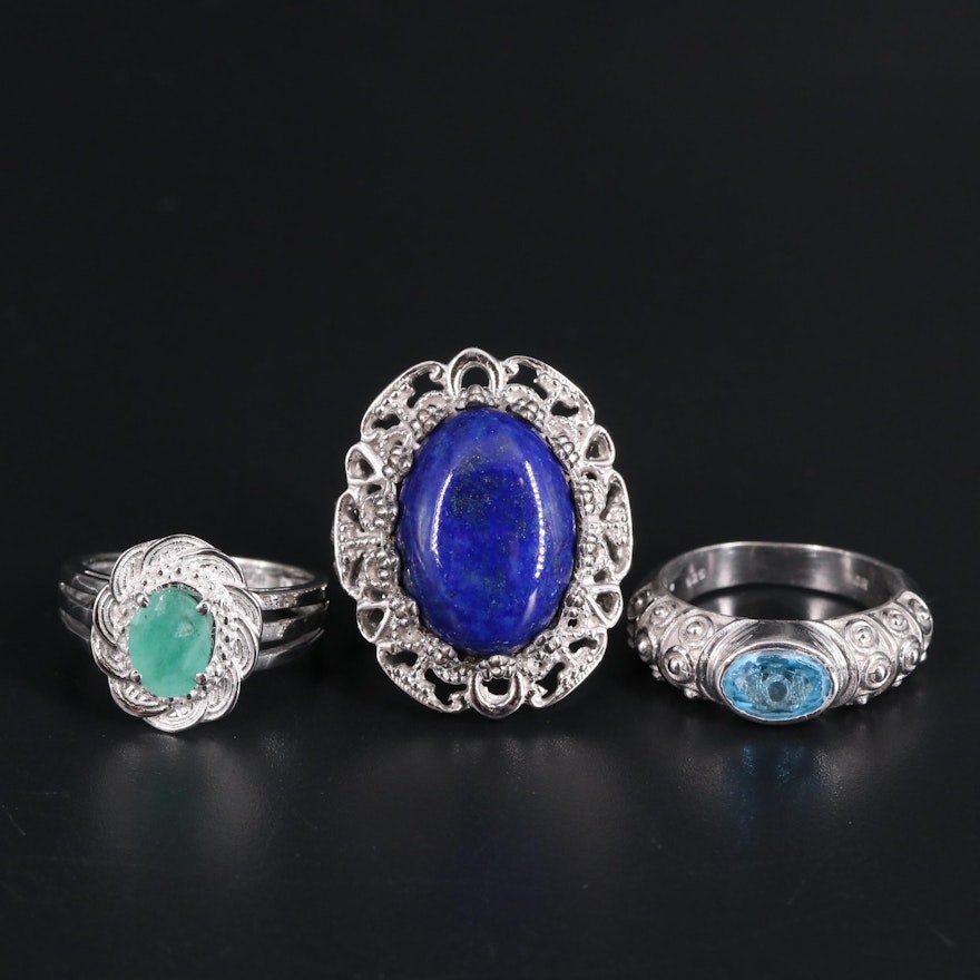 Sterling Silver Ring Trio Including Lapis and Emerald