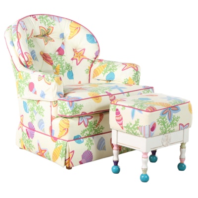 Custom-Upholstered and Buttoned-Down Easy Armchair Plus Storage Footstool