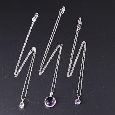 Sterling Silver Necklace Trio Including Amethyst and Cubic Zirconia