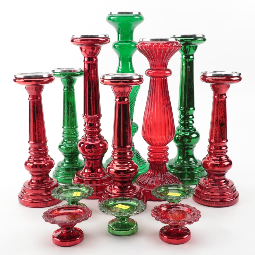 Green and Red Glass Candlesticks and Candle Holders