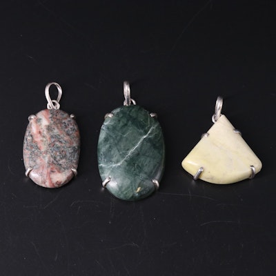 Sterling Silver Pendant Collection Including Jasper and Serpentine