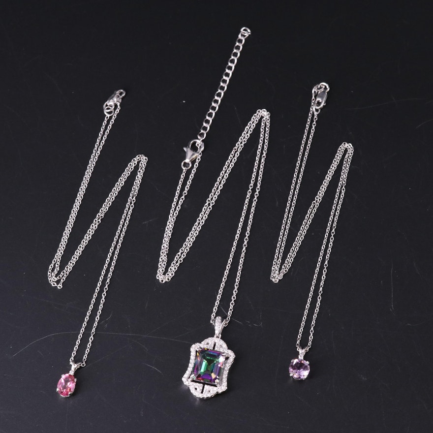 Sterling Silver Necklace Trio Including Topaz and Amethyst