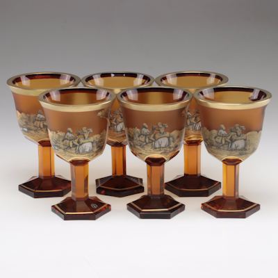 Česká Czechoslovakian Amber Glass Swartzlot Painted Goblets, Late 20th Century
