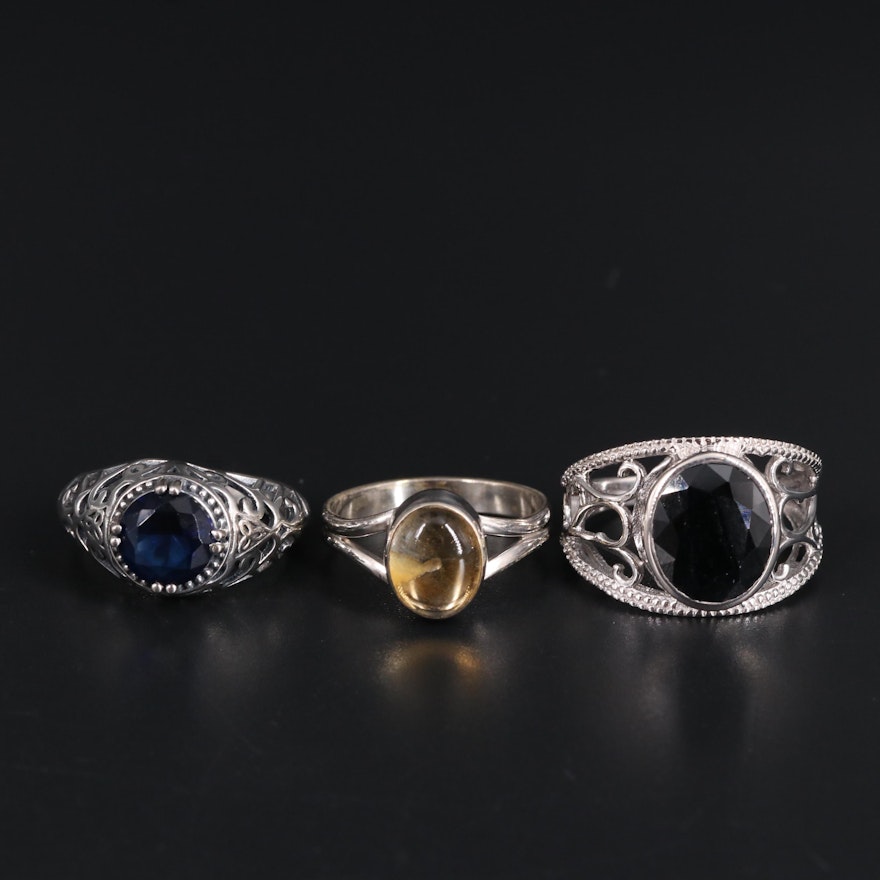 Sterling Silver Ring Trio Including Citrine and Sapphire