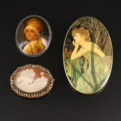 Vintage Hand Painted Russian Lacquer Brooch, Cameo and Signed Sterling Pendant
