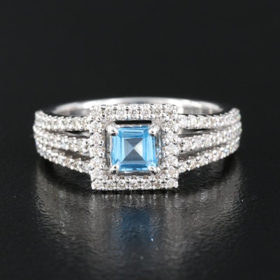 14K Swiss Blue Topaz and Diamond Halo Ring