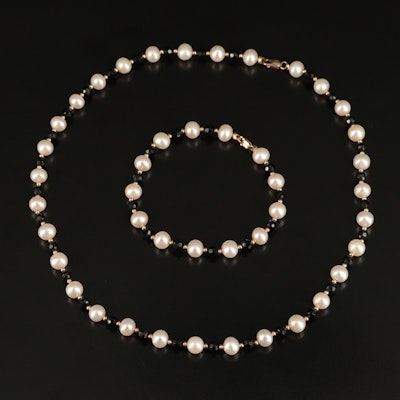 14K Pearl and Black Onyx Beaded Necklace and Bracelet Set
