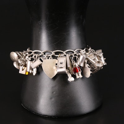 Vintage Sterling Silver Charm Bracelet Featuring Articulated and Western Themed
