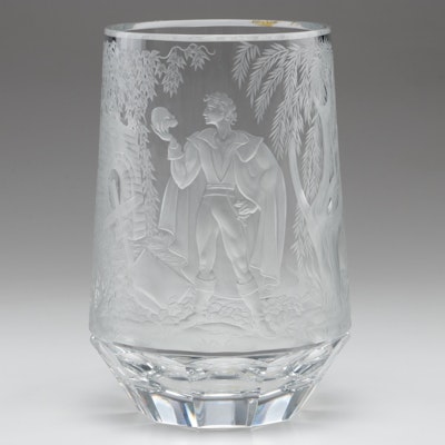 Exbor Czech Etched Crystal Vase of Hamlet and Yorick, 1977
