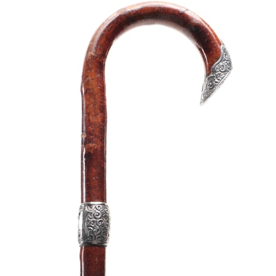 Chased Monogrammed Sterling Silver Mounted Wooden Crook Handle Cane