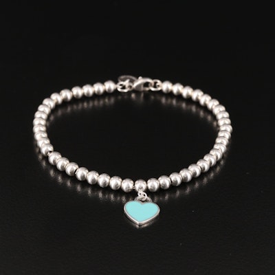 Tiffany & Co "Return to Tiffany" Sterling Tiffany Blue Heart Tag Bead Bracelet