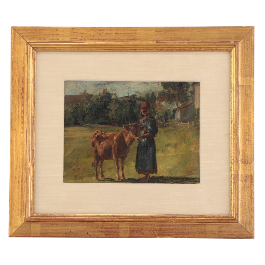 Oil Painting of Young Girl and Calf