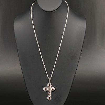 Sterling Garnet and Marcasite Cross Necklace