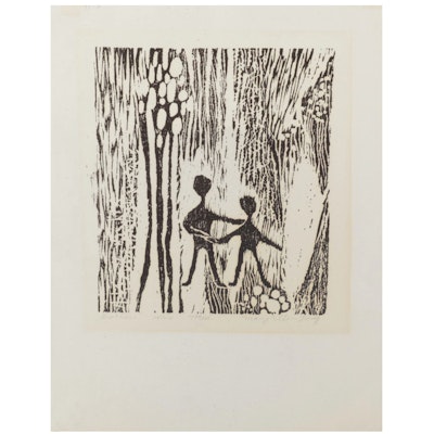 Mary Ellen Tong Woodcut "Brothers," Mid-Late 20th Century