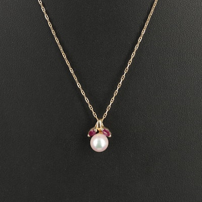 14K Pearl and Ruby Pendant Necklace