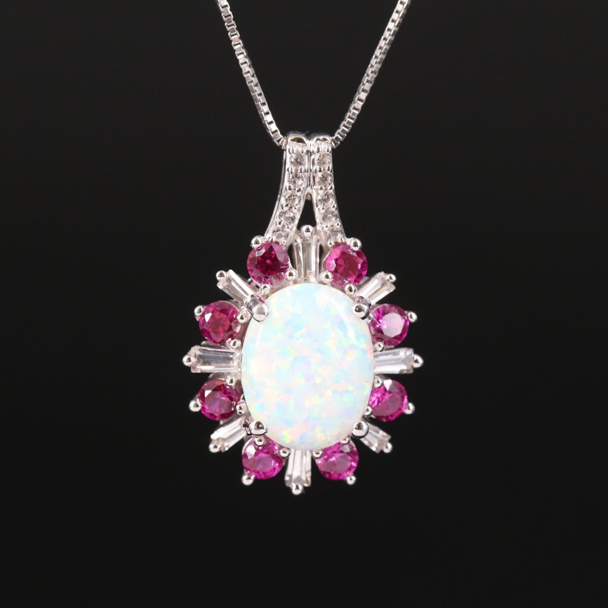 Sterling Silver Opal, Ruby and Sapphire Necklace