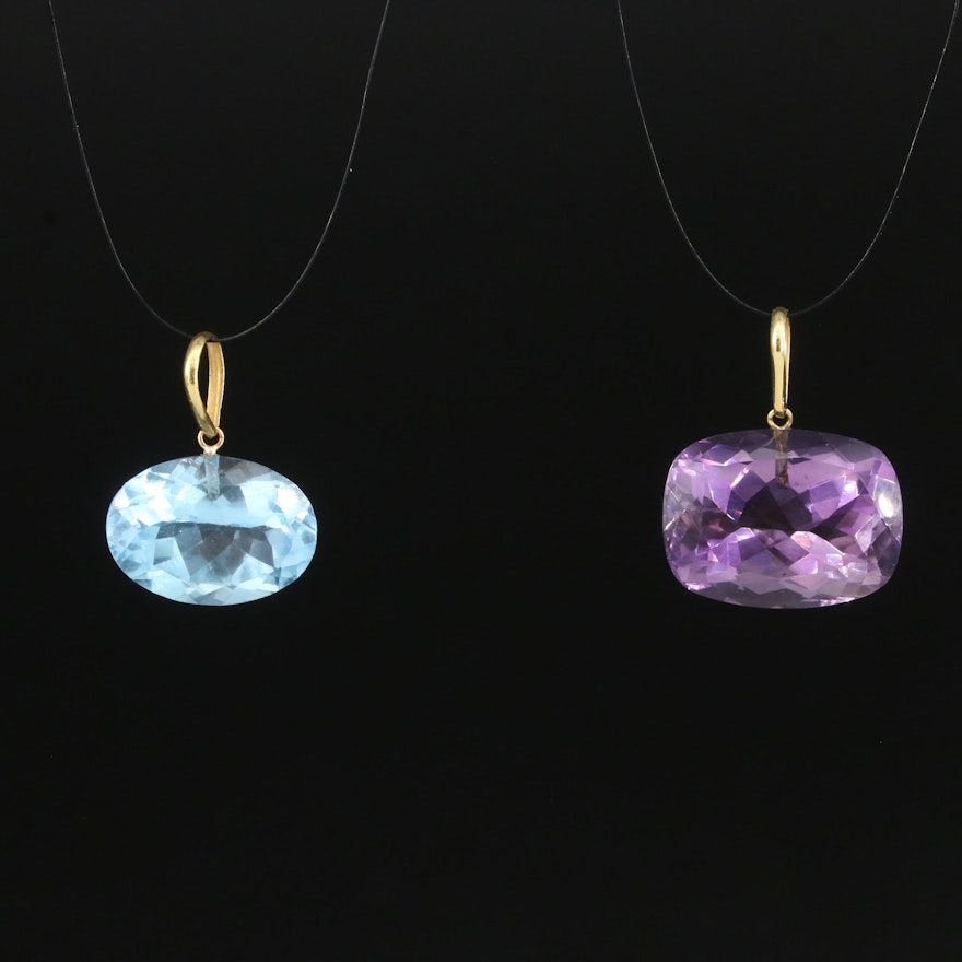 14K Sky Blue Topaz and Amethyst Solitaire Pendants
