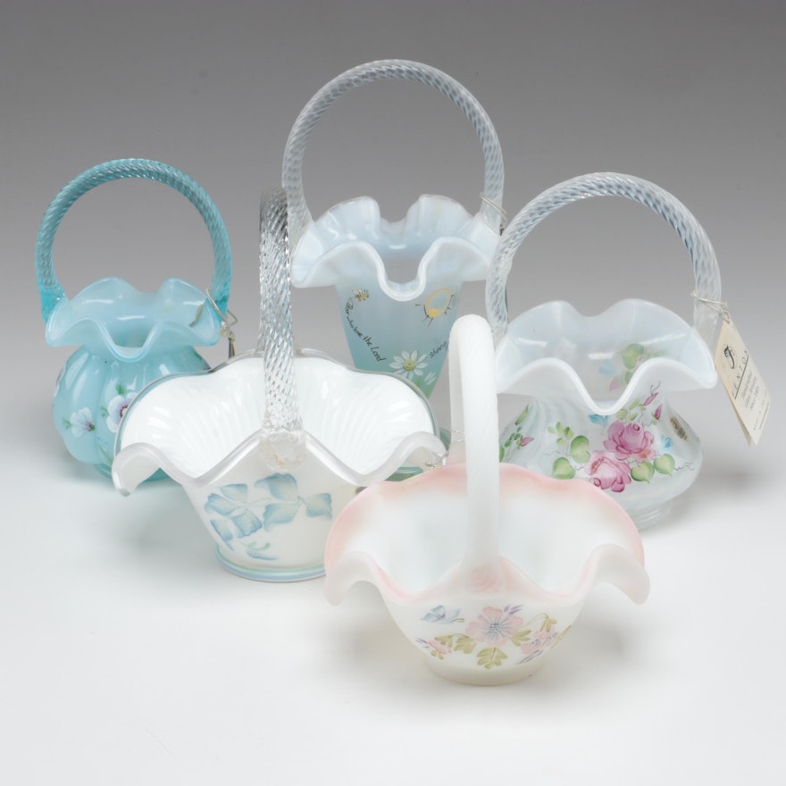 Fenton Hand-Painted Opalescent, Satin, and Milk Handled Art Glass Baskets