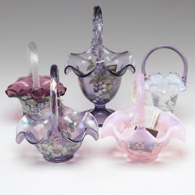 Fenton and Mosser Hand-Painted Opalescent, Iridescent and Handled Glass Baskets