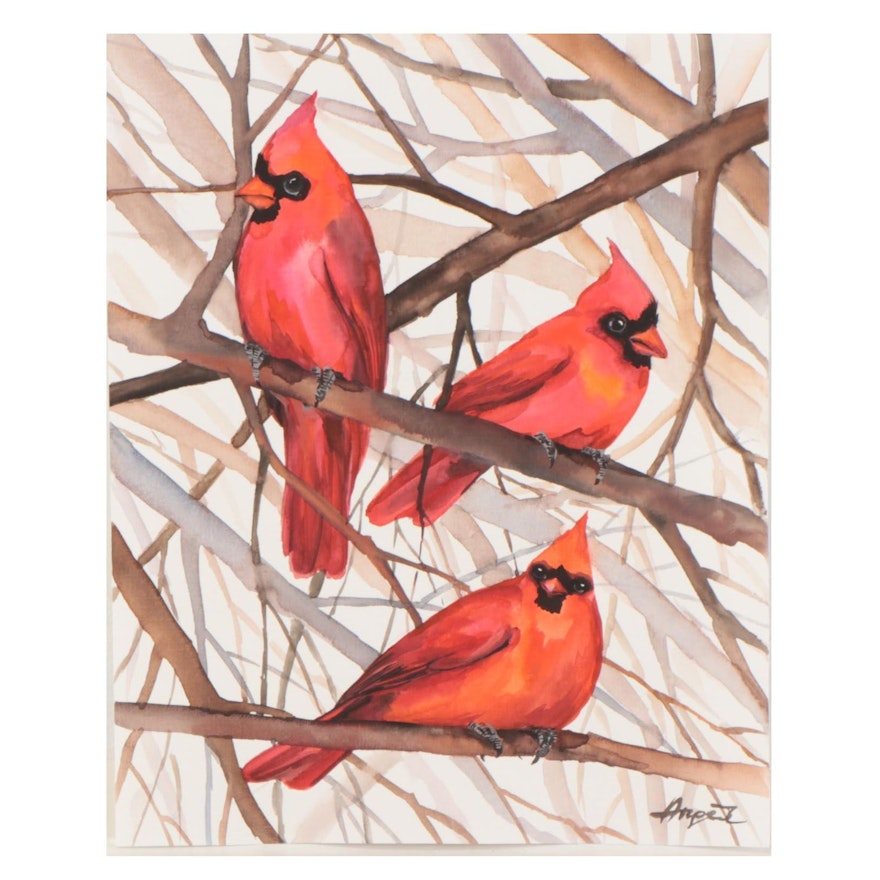 Anne Gorywine Watercolor Painting of Cardinals
