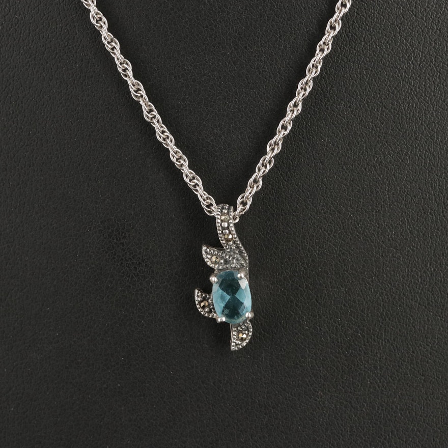 Sterling Glass and Marcasite Pendant Necklace