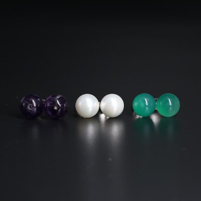 Sterling Silver Stud Earring Trio Including Pearl