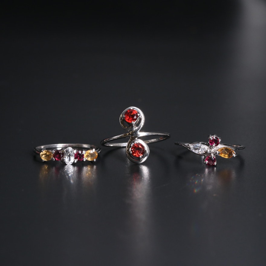Sterling Silver Ring Trio Including White Topaz, Yellow Citrine and Red Garnet